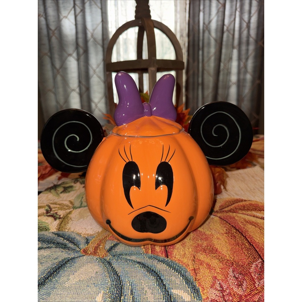 Disney Minnie Mouse Pumpkin Cookie Jar w/ Lid, Orange Black Purple Bow